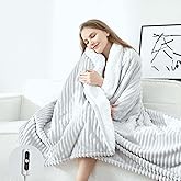 SNUGSUN Electric Heated Blanket Twin Size, Soft and Cozy Thickened Stripe Flannel and Sherpa Electric Blanket for Bed, Automatic Safety System 6 Heating Levels & 10 Hours Auto-Off, 62"x84" Light Grey