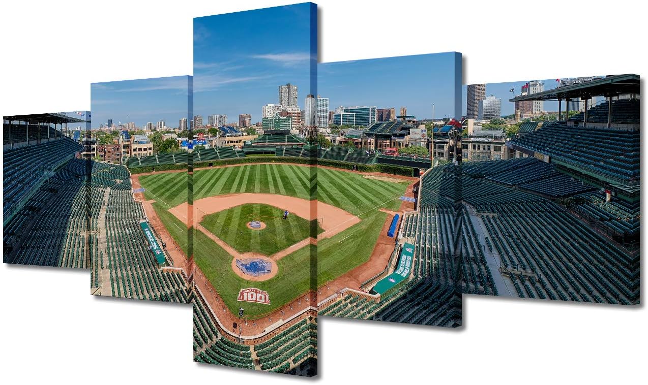MLB Baseball Stadium Decor Pictures - Empty Wrigley Field, 5 Panels Chicago Cubs Ballpark Skyline Panoramic Photographic Print on Canvas for Modern Home Stretched and Frame Ready to Hang(50