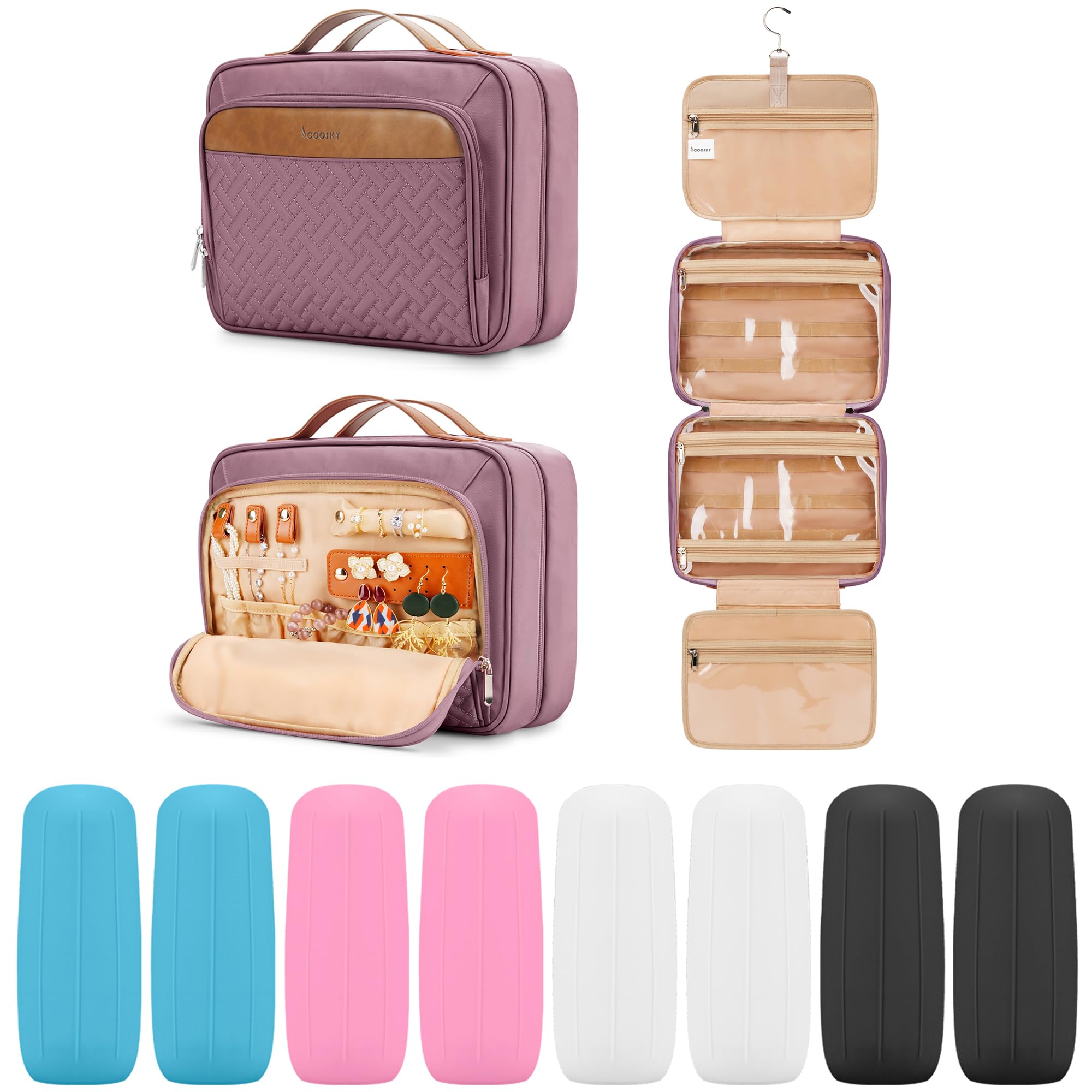 Photo 1 of Travel Hanging Toiletry Bag for Women and Men, with 8 Leak Proofing Silicone Bottle Covers, Waterproof Makeup Accessories, Cosmetic Essentials, Toiletries Dopp Kit Set with Jewelry Organizer, Purple