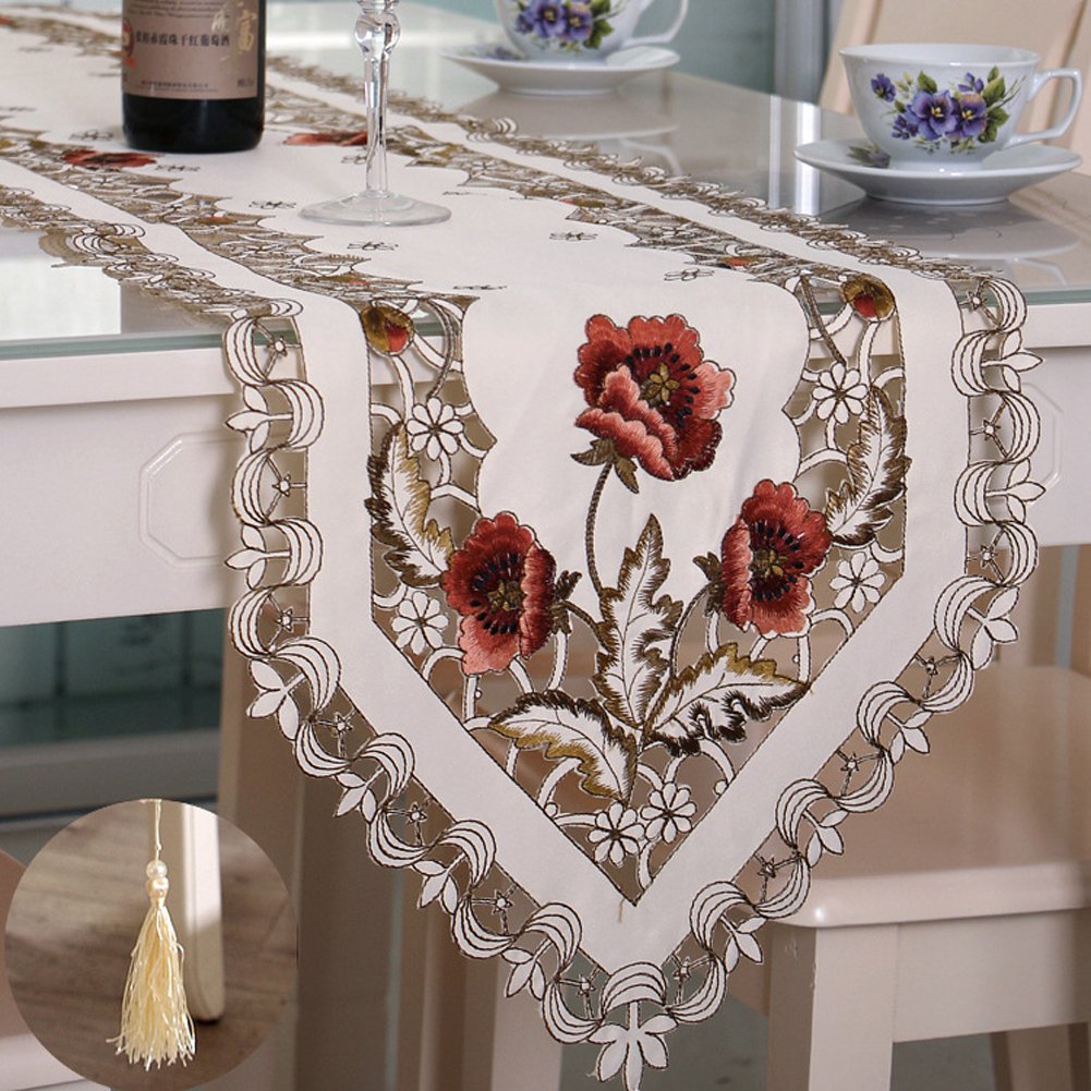 TEERFU Table Runner 40x176cm, Washable Wedding Tea Table Cover Decoration Hollow Mesh Floral Tablecloth Vintage Embroidered Flowers Table Runner for Home,Party,Banquet