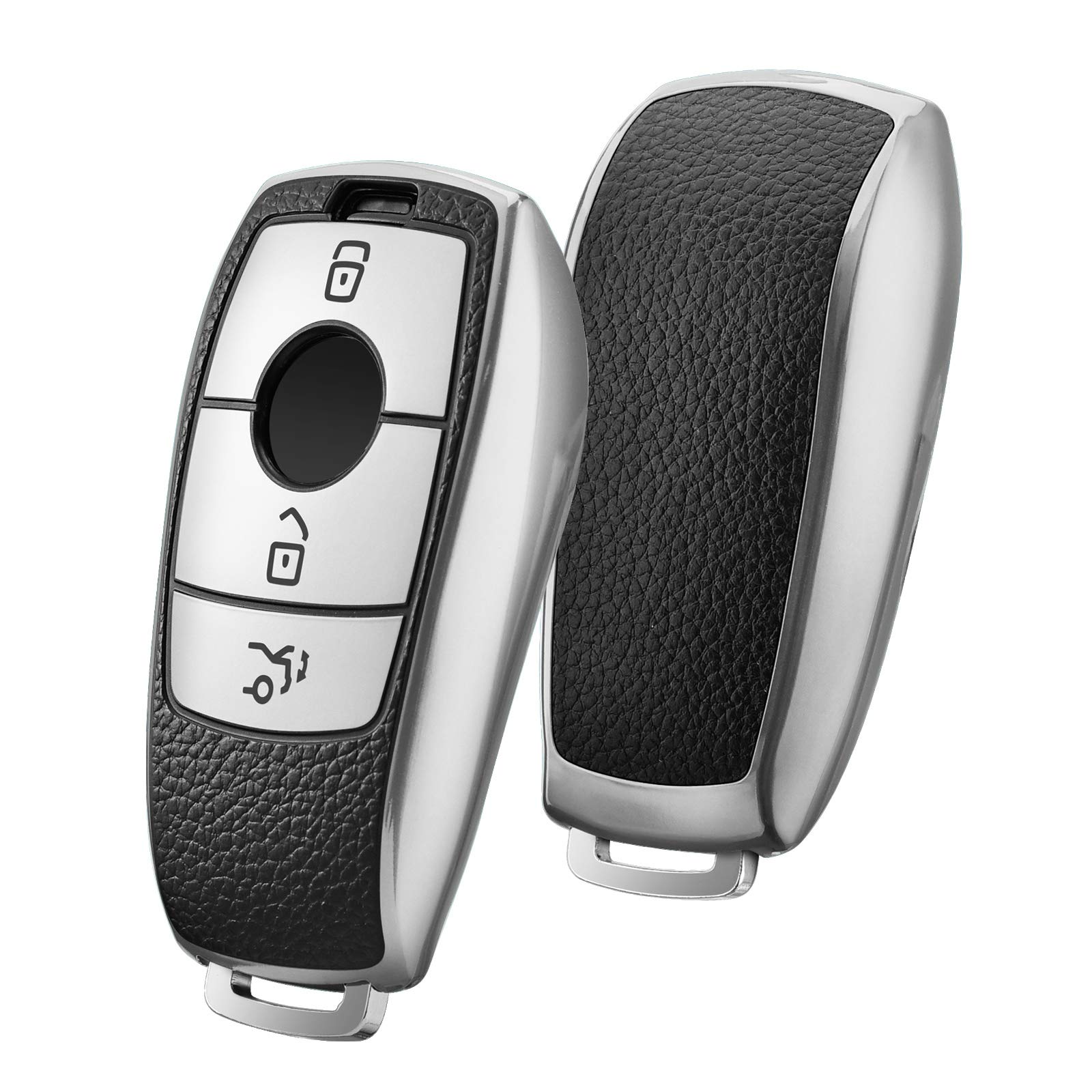 OATSBASF Car Key Case Suitable for Mercedes Benz, Key Case Cover for E-Class 2017, S-Class 2018, TPU Silicone Leather Texture Protective Case (Silver Leather)