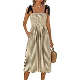 CUPSHE Womens Summer Smocked Midi Dress Striped Sleeveless Tie Shoulder Cami Dress Beach Flowy Long Sundress