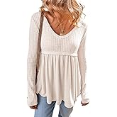 MARZXIN Women's 2026 Fall Long Sleeve Casual T-Shirt Textured Long Sleeve V Neck Babydoll Tunic Tops