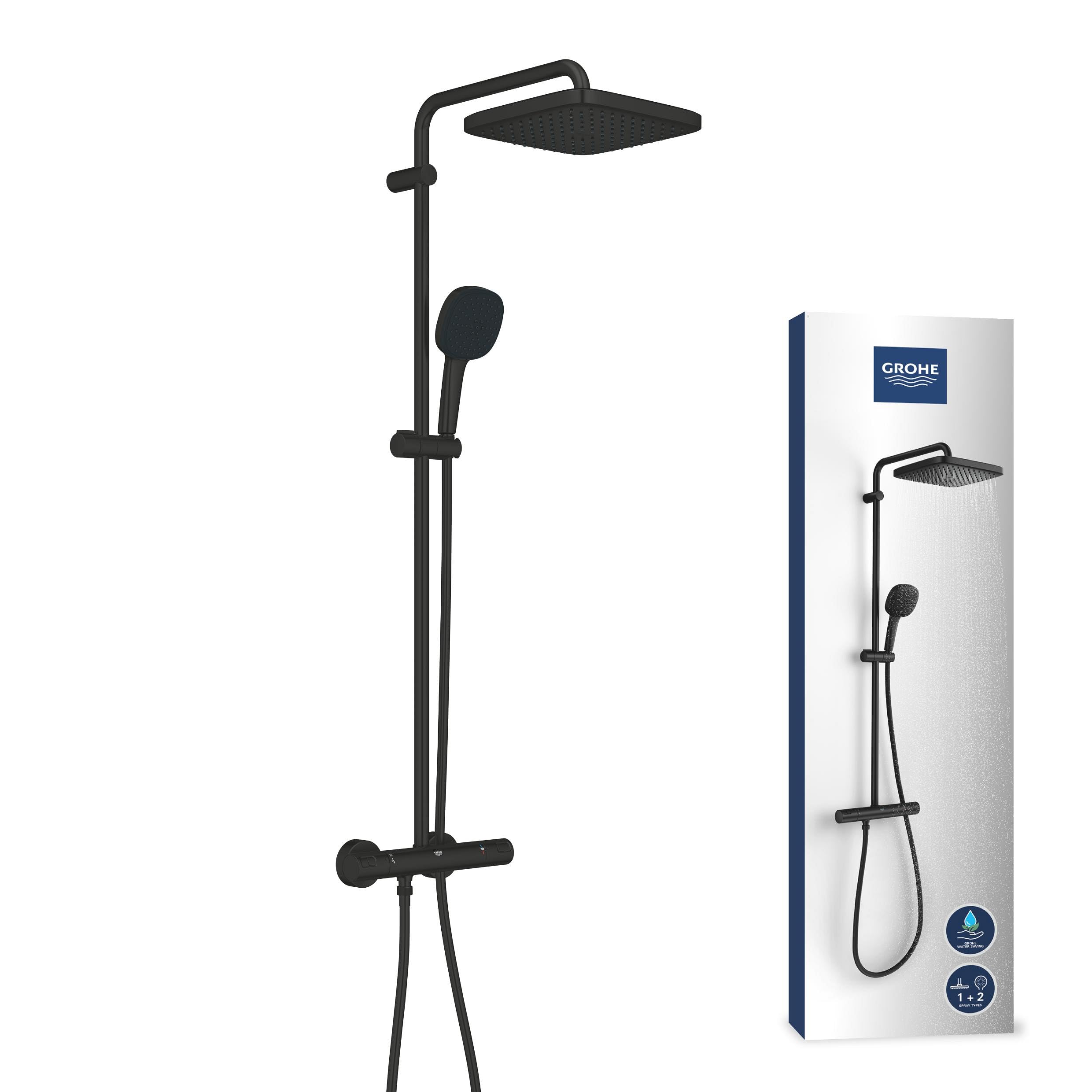 GROHE Vitalio 250, Duschsystem wassersparend 8l pro Min (Regendusche mit Thermostat, schwenkbare Kopfbrause, Sicherheitssperre bei 38°C, Duscharmatur mit Antikalk-System), schwarz, chrom, 266962431