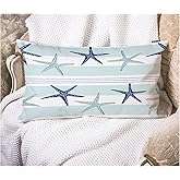 EKOBLA Throw Pillow Cover Coastal Navy Blue Tropical Coastal Starfish Waist Lumber Cotton Linen Home Living Room Decorative Throw Pillow Covers Cushion Cover 12x20 Inches, Turquoise Stripes