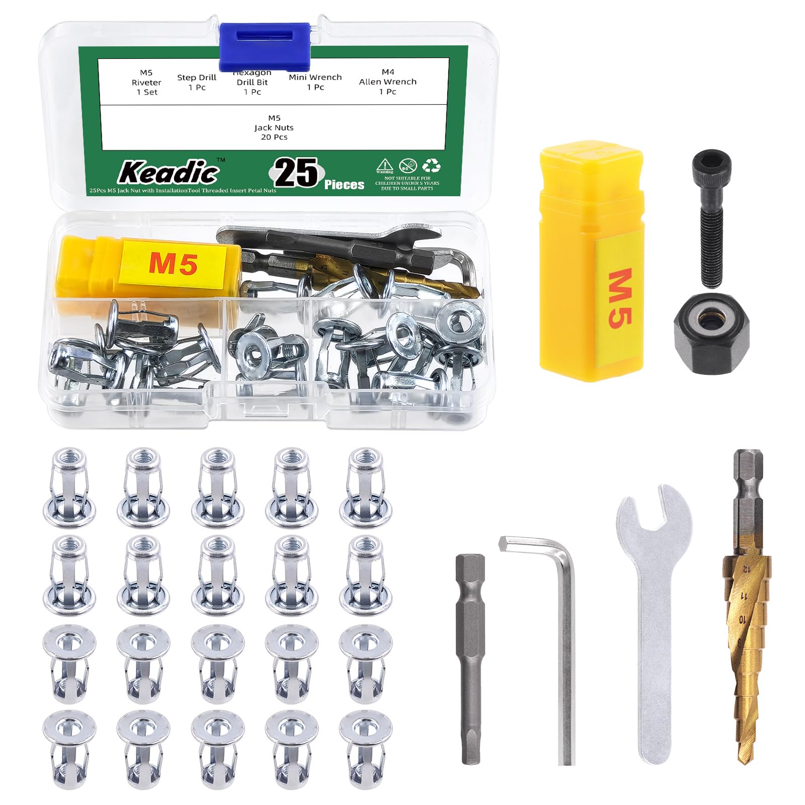 Keadic 25Pcs M5 Jack Nut with Installation Tool Set, Nutserts Jacknut Srew Anchor Threaded Insert Petal Nuts Rivnut Blind for Plastic Hardboard Polywood Pressboard
