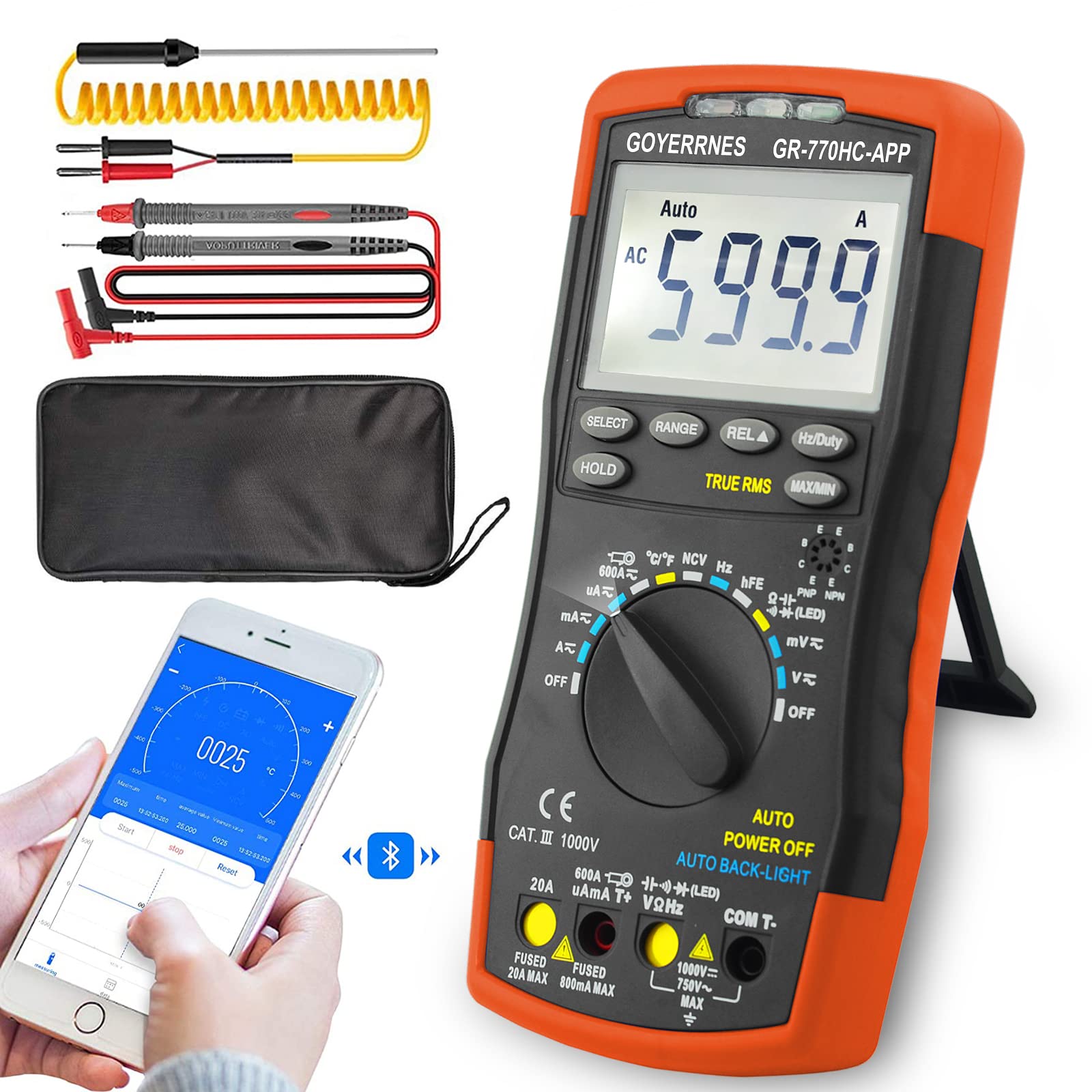 Digital Multimeter GR-770HC-APP TRMS 6000Counts AC DC Amp Meter Non Contact Auto-Ranging with Mobile APP Accurately Measures Volt Amp Resistance Diodes Continuity Duty-Cycle Capacitance Temperature