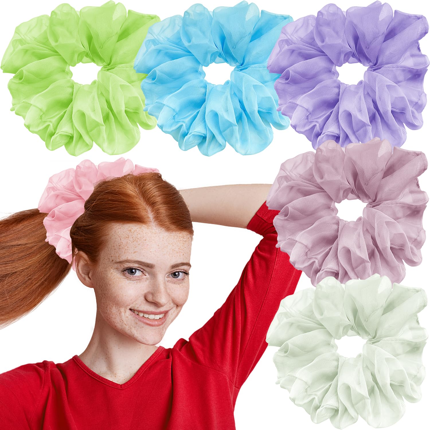 6 PCS Oversized Scrunchies,Large Soft Organza Elastic Hair Scrunchy for Women Girls, Oversized Ponytail Holder Fluffy Hair Accessories for Thick Long Curly Hair