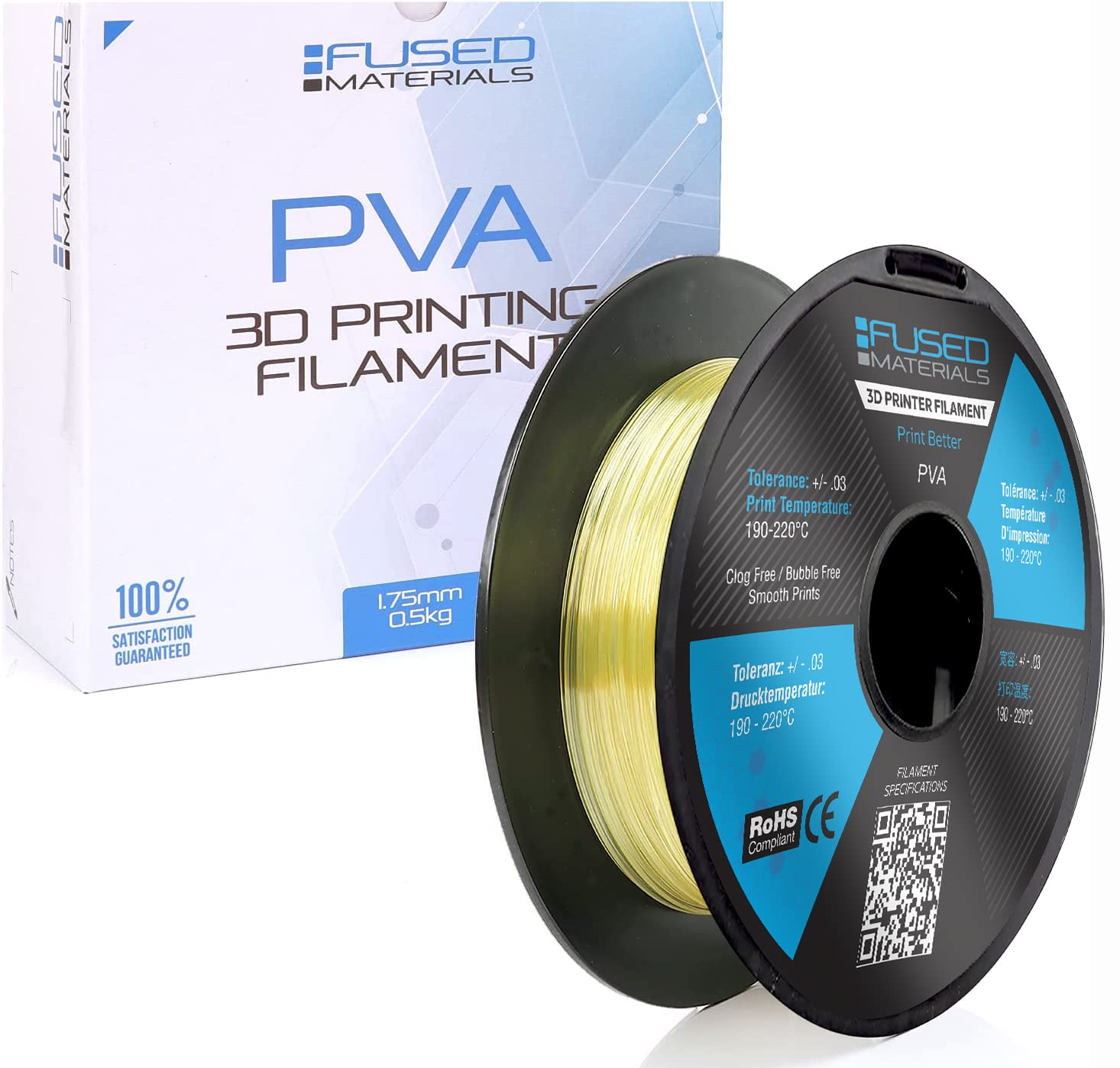 Photo 1 of Fused Materials PVA Filament 1.75mm – Water-Soluble Support Material for 3D Printing – Compatible with Bambu Lab, Polymaker, Overture, and More – Works with PLA, PETG, Nylon, ABS – Clear & Transparent