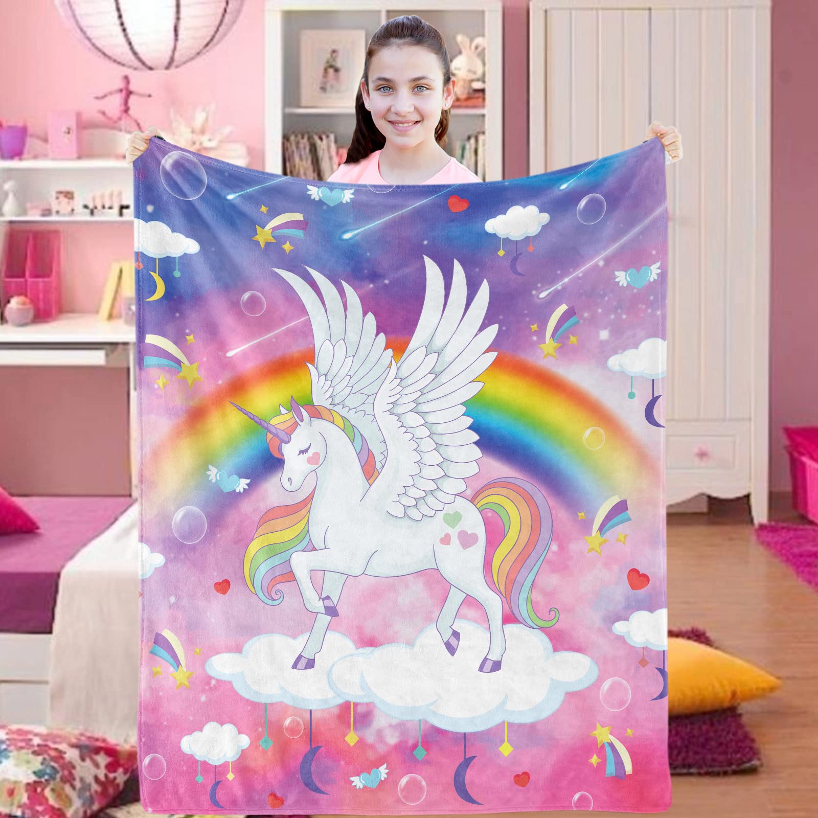 Domgoge Unicorn Fleece Throw Blanket, Blankets for Girls, Soft Cozy Rainbow Kids, Fluffy Fuzzy Flannel Toddler Child Daughter Gift Sofa Couch 101x127cm