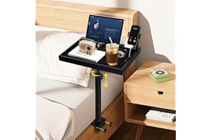 CZARNIOZK Bunk Bed Shelf Height Adjustable 14.6" - 22.2", Rotatability/Reclining Dorm Bed Shelf with Sturdy Metal Pole, Bamboo Bedside Table Tray with Phone Holder for Studio Apartment, College, Bunk Beds