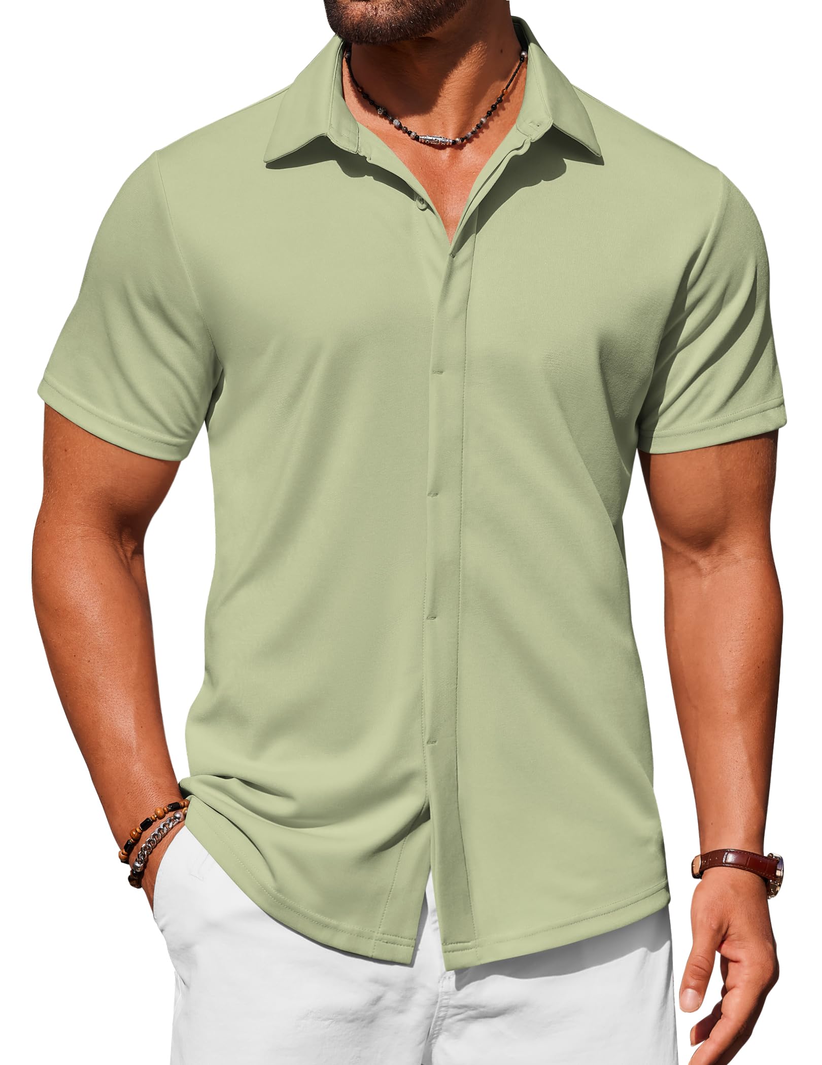 Photo 1 of COOFANDY Mens Dress Shirts Button Down Short Sleeve Shirts Summer Casual Wrinkle Free Light Green