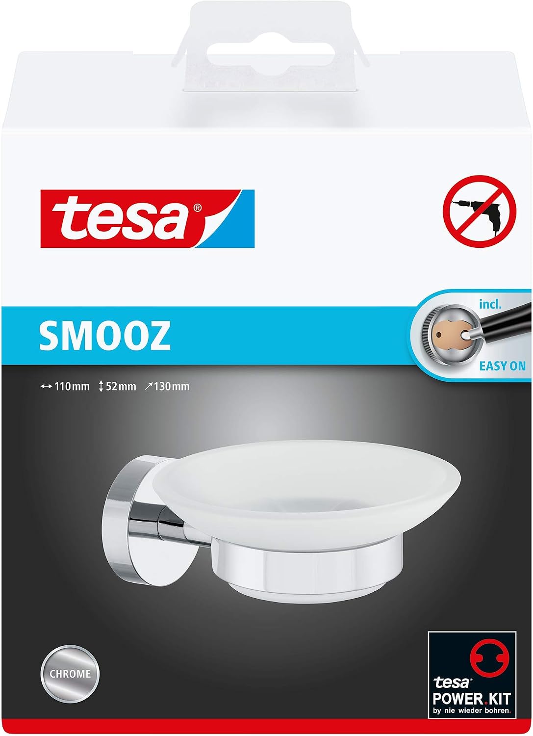 tesa® Smooz soap Holder, high Gloss Chromed Metal, self-Adhesive, Adhesive mounting Technology, 52mm x 110mm x 130mm - Image 4