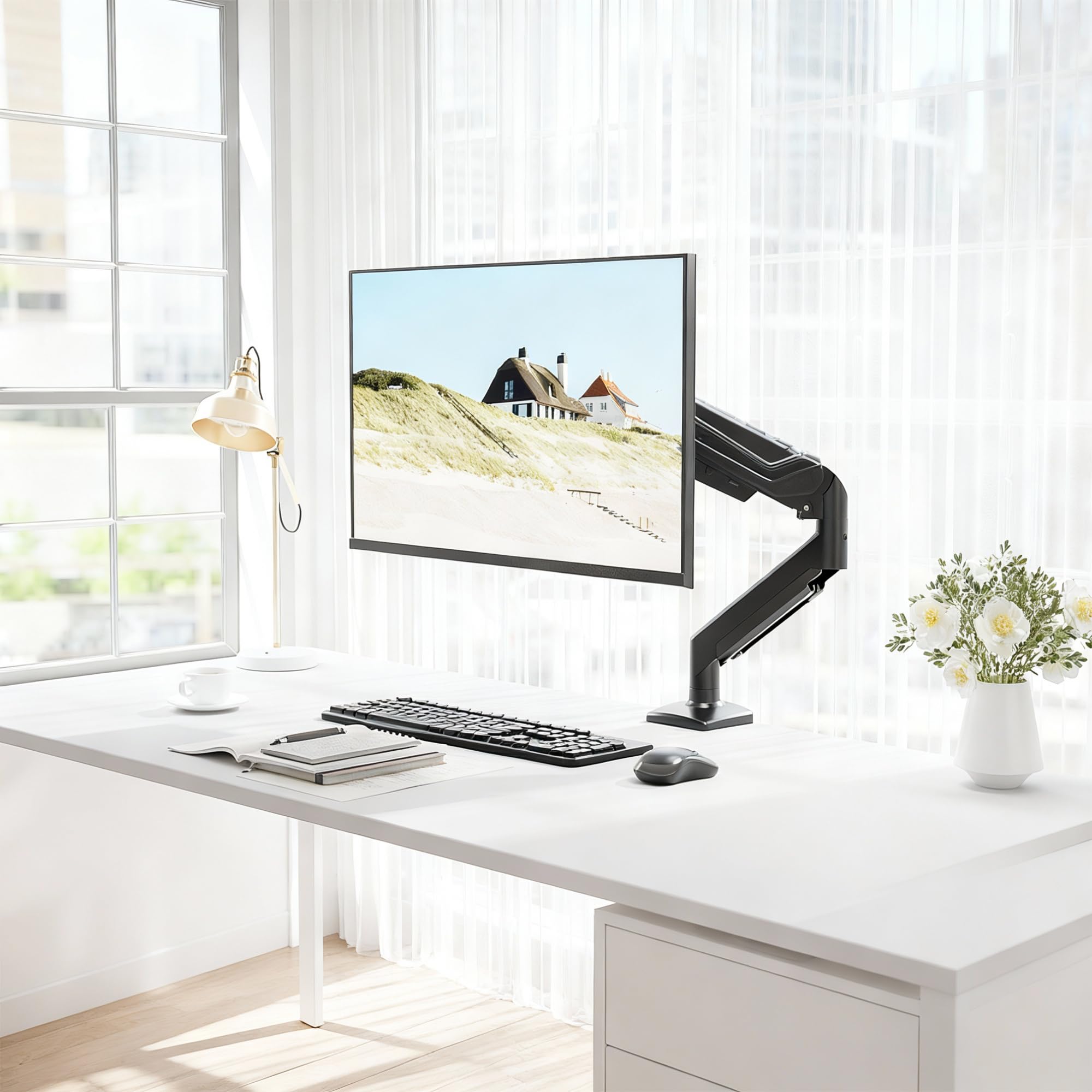 BONTEC Monitor Halterung mit Gasfeder für 15-34 Zoll bis 10,5kg, Höhenverstellbar & 360° Schwenkbar, Neigbar, Drehbar, VESA 75/100, mit Kabelmanagement für Home Office und Gaming 2