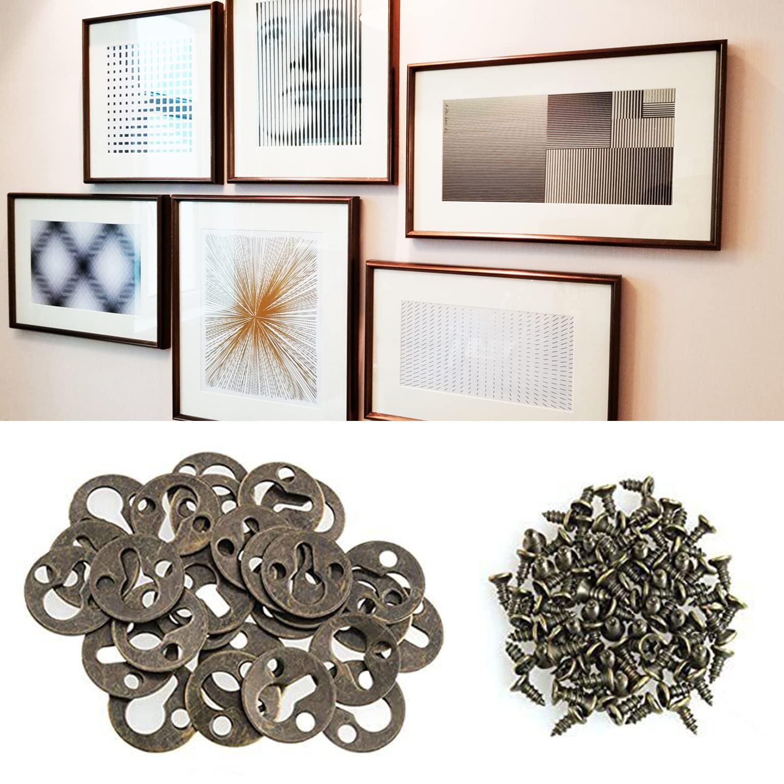 60PCS Round Keyhole Shelf Brackets Hangers, Metal Flat Round Keyhole Hangers with Screws, Picture Frame Hanging Plate for Artworks Picture Wall Decorations (Bronze)