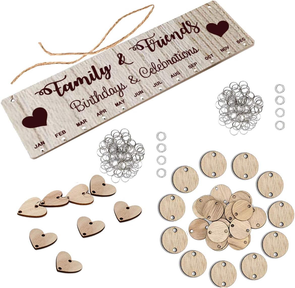 Family Friends Birthday Calendar DIY Wooden Hanging Calendar Home Wall Decoration New Year Festival (50 Round and 50 Heart Pendants) - Image 5