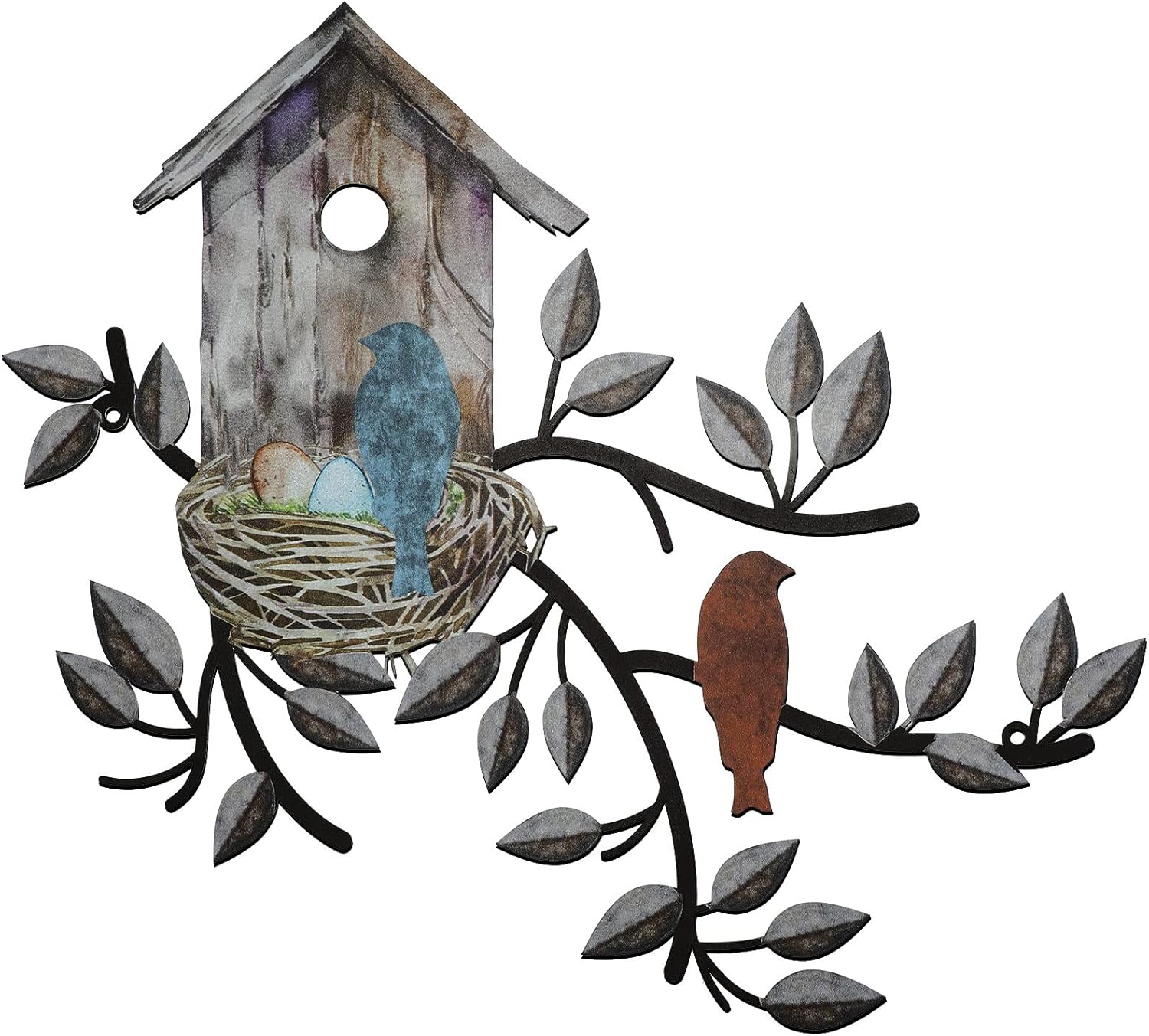 Plaques & Wall Art - Peryiter Birds Wall Decor Metal Bird Decor for Wall Outdoor Bird Wall Art Hanging Metal Tree with Birdhouse for Living Room Metal Tree Leaf Wall Decor for Indoor Outdoor Garden (Brown)