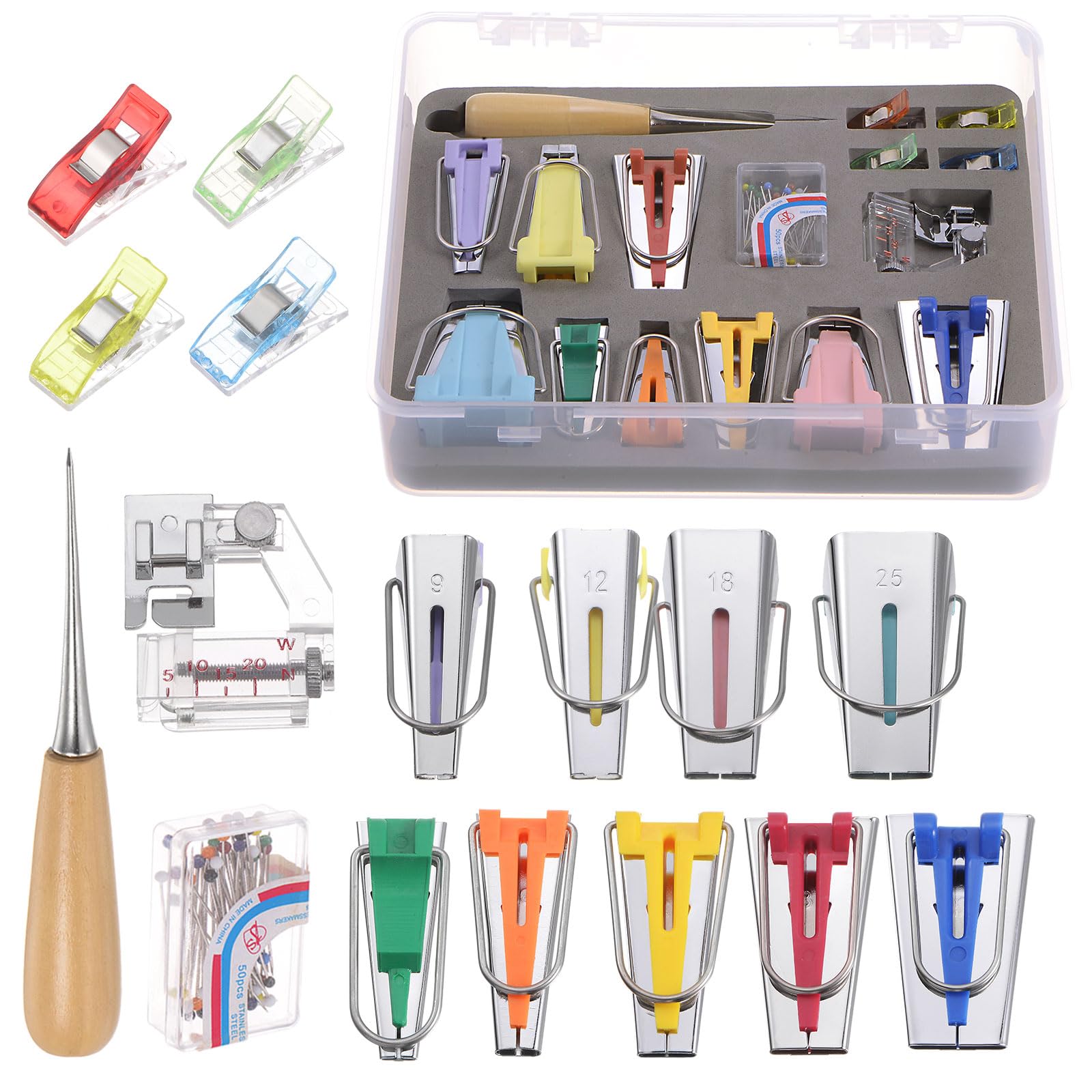 uxcell Bias Tape Maker Kit 6mm 9mm 12mm 18mm 25mm Single Double Fold Fabric Bias Binding Maker Tool with Positioning Pin, Awl, Presser Foot, Clips for Quilting Sewing Crafting DIY