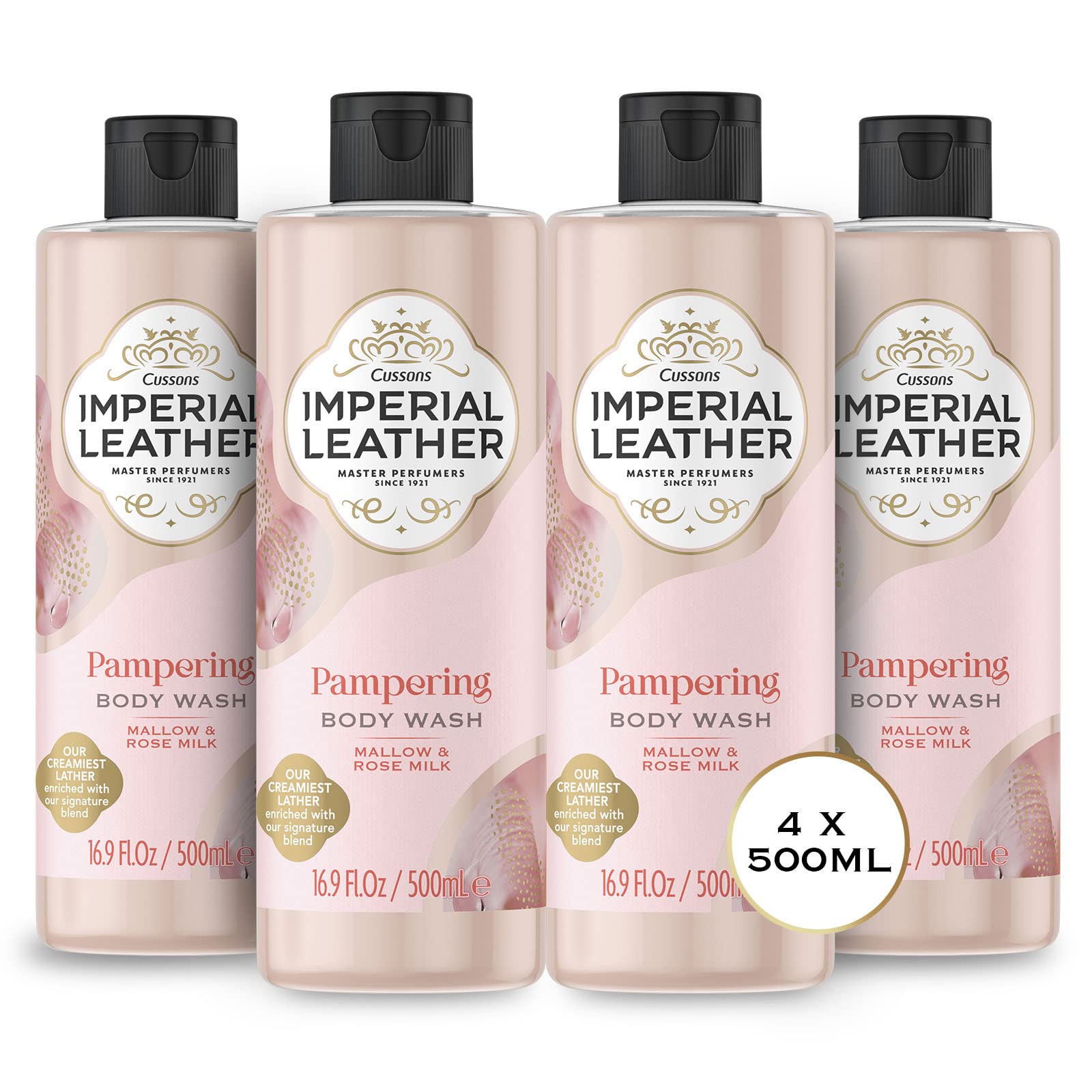 Imperial Leather Pampering Shower Gel, Mallow & Rose Milk, Signature Oil Blend, Creamy Lather, Gentle Skin Care, Bulk Buy, Pack of 4 x 500ml — image 1