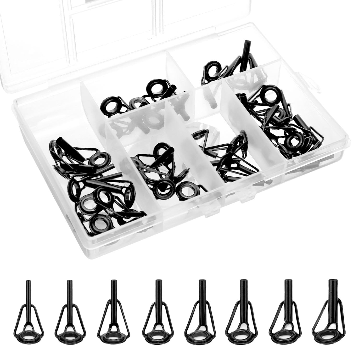 QWORK® 40pcs Fishing Rod Tip Repair Kit, Fishing Rod Tip with Stainless Steel Ceramic Guides Rings, 8-Size Fishing Rod Tip for Most Types of Rods