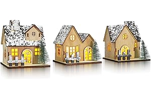 TOYANDONA 3 Pcs Christmas Village Sets - Wooden Christmas Village Houses LED Lighted Snow Villages Houses for Xmas Tabletop D
