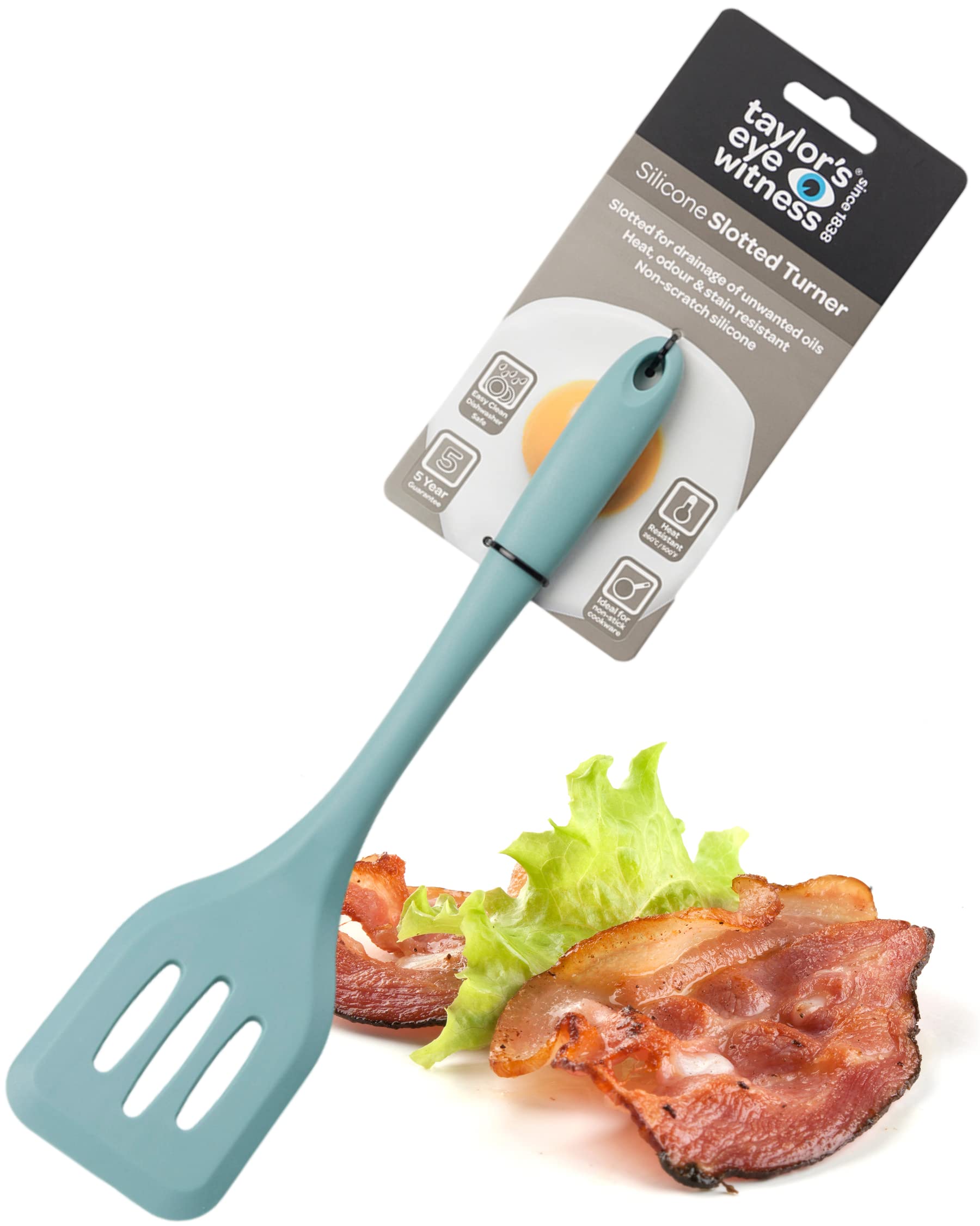 Taylors Eye Witness Large Aqua Blue Silicone Slotted Spatula – Dishwasher Safe, Heat Resistant (260°C/500°F), Ideal for Non-Stick Pans, 28cm/11 inch