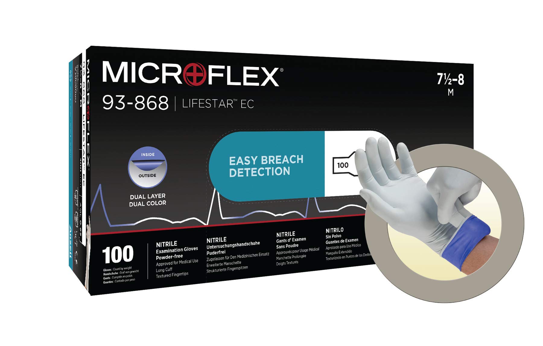 Ansell MicroFlex 93-868 Disposable Exam Gloves, LIFESTAR EC for First-Aid or Medical Uses, Dual Layer Protection, Single Use Chemical Resistant Glove, White, Size XL (100 Gloves)