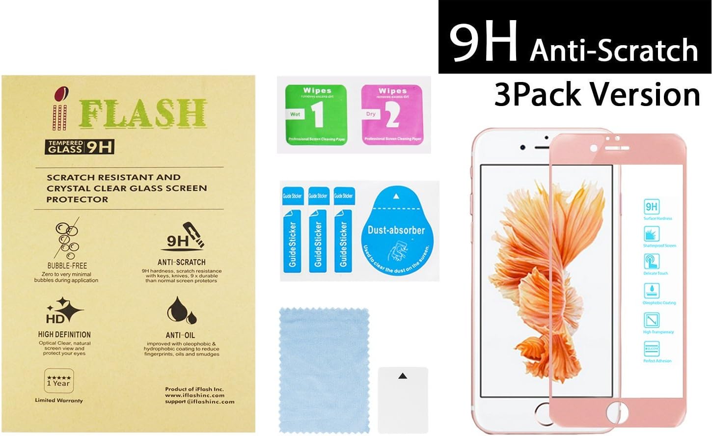 [3 Pack] iFlash Full Coverage Tempered Glass Screen Protector For Apple iPhone 6S Plus / 6 Plus 5.5” - 3D Touch Compatible/Edge to Edge/Crystal Clear/Scratch Proof/Bubble Free (Rose Gold)