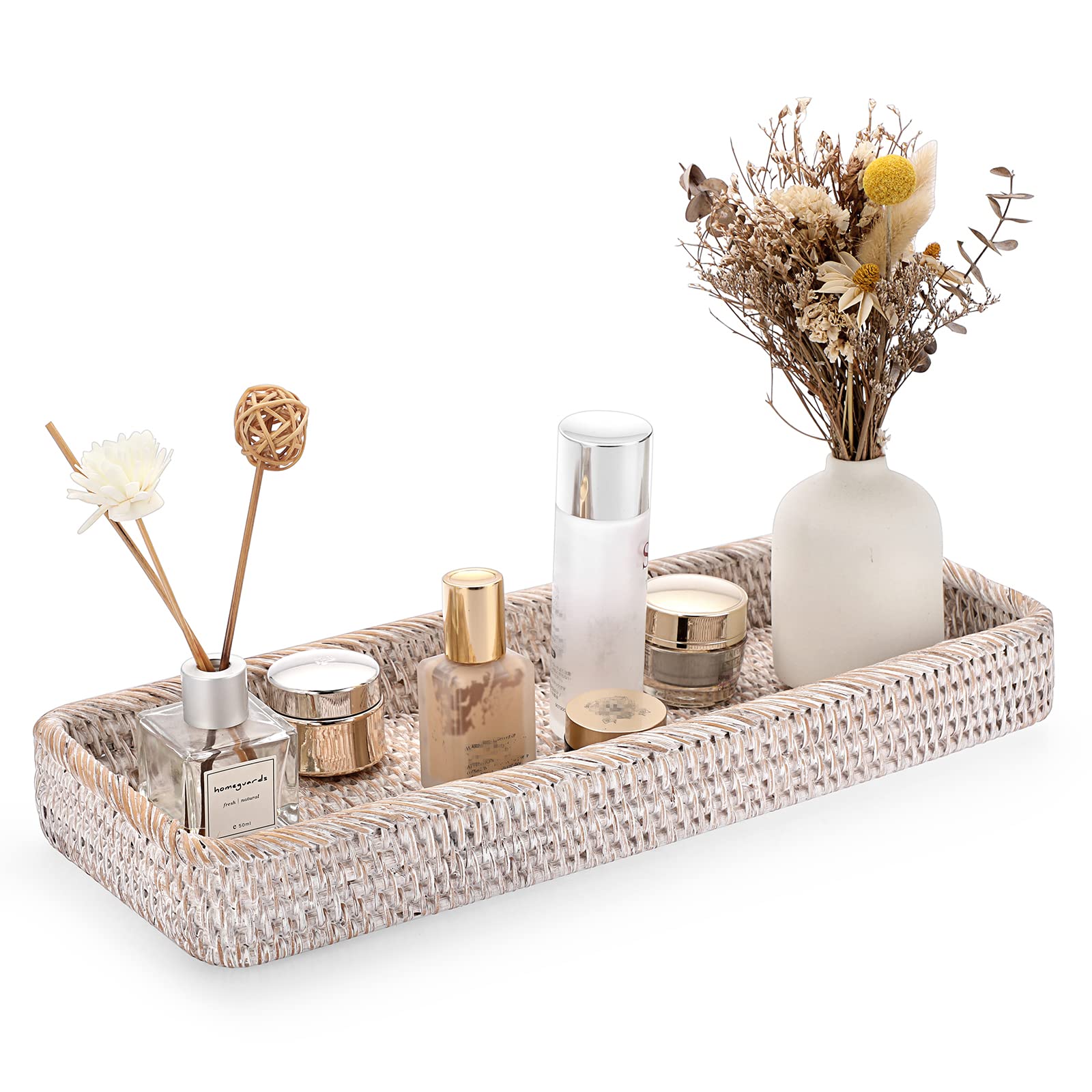 IGNPION Rattan Serving Tray Decorative Display Table Storage Toilet Tank Paper Desktop Organiser for Kitchen, Makeup, Vanity, Napkin, Candle, Ornament (40cm, Whitewash), 40x15cm, IGPUK0604