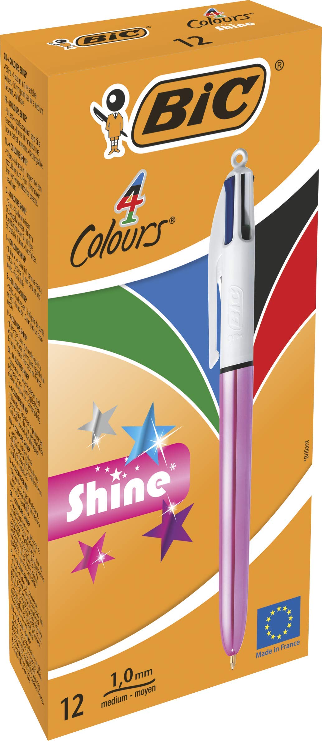 BIC 4 Colours Shine Ballpoint Pens - Box of 12 - Metallic Pink Body with 4 Ink Colours (Blue, Black, Red, Green)