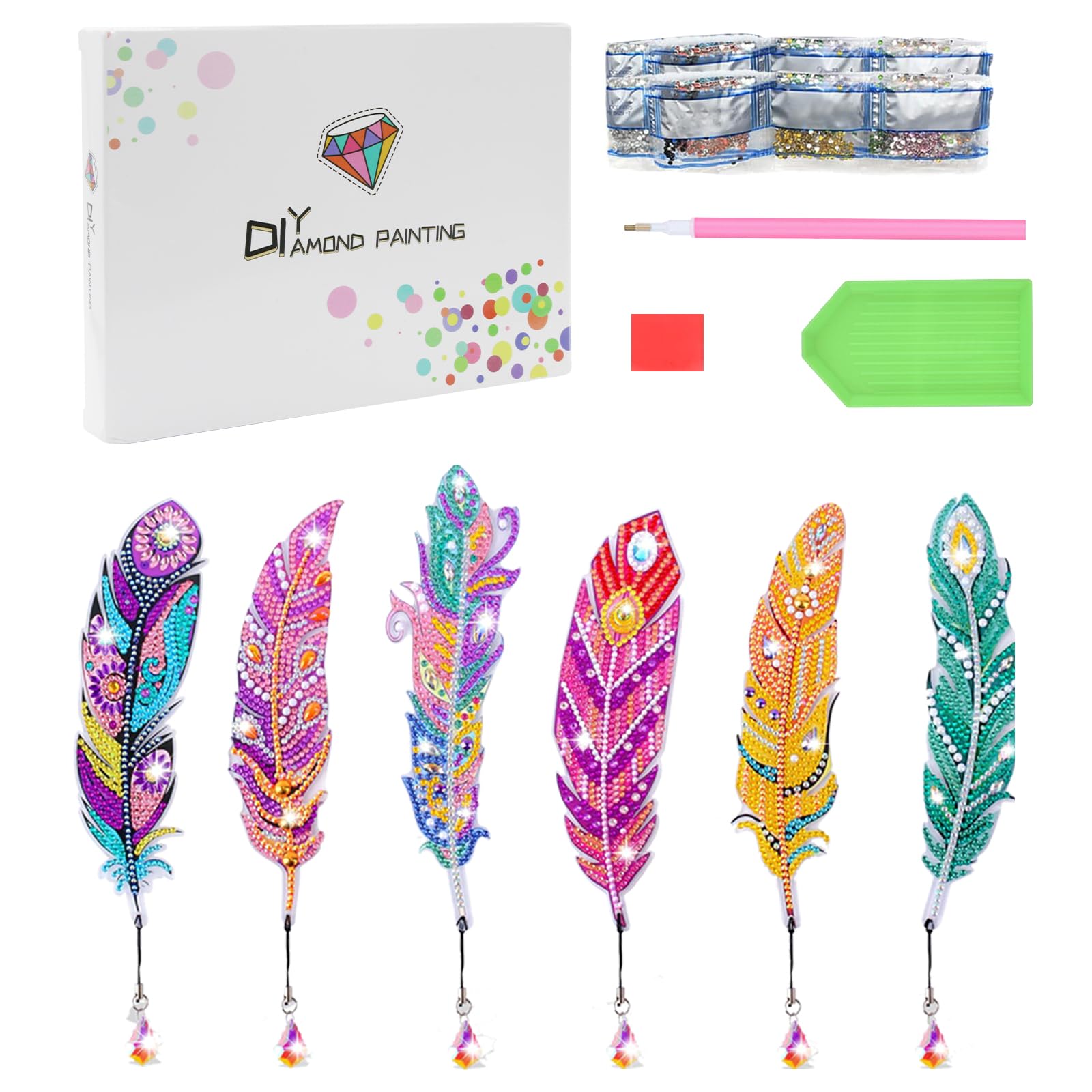 Kaizuca 6 Pcs Diamond Painting Bookmark Set, Art Feather Bookmark with Crystal Pendant, Diamond Painting Adults for DIY Craft Gift Set(B) — image 1