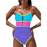 popvil Women One Piece Swimsuit 2026 Sporty Neon Bathing Suit Tummy Control Swim Suit Cut Out Adjustable Straps Swimwear