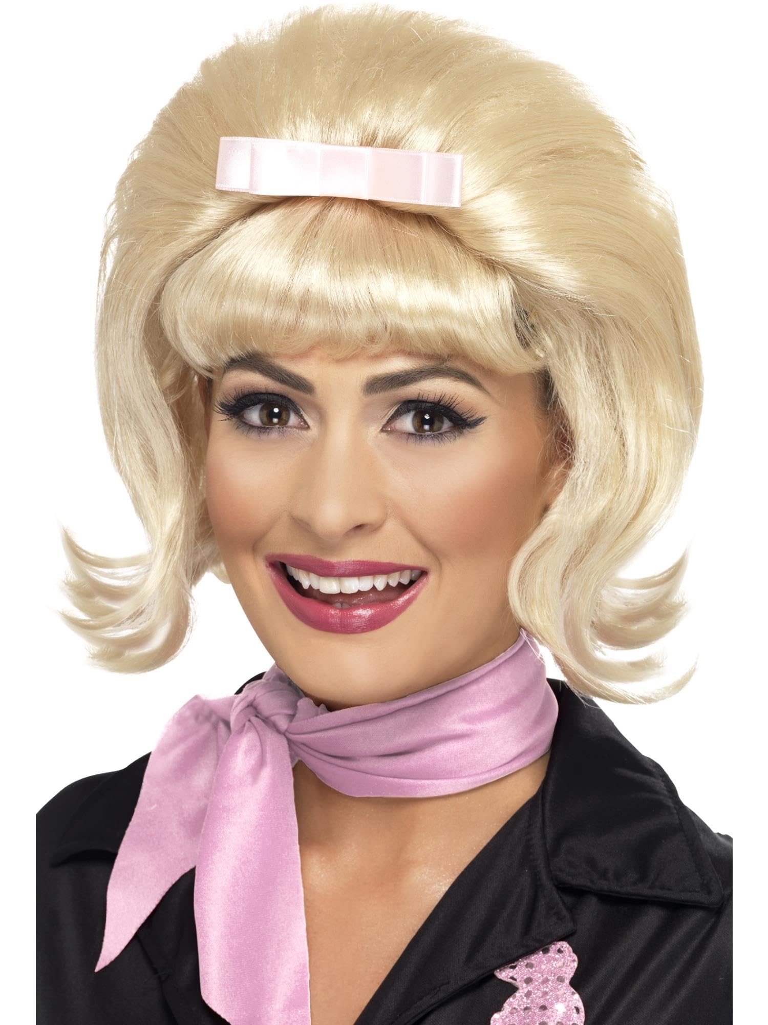 Smiffys 50s Flicked Beehive Bob, Blonde with Ribbon Bow, 1950's Rock'n'Rolla Fancy Dress, 1950s Dress Up Wigs — image 1