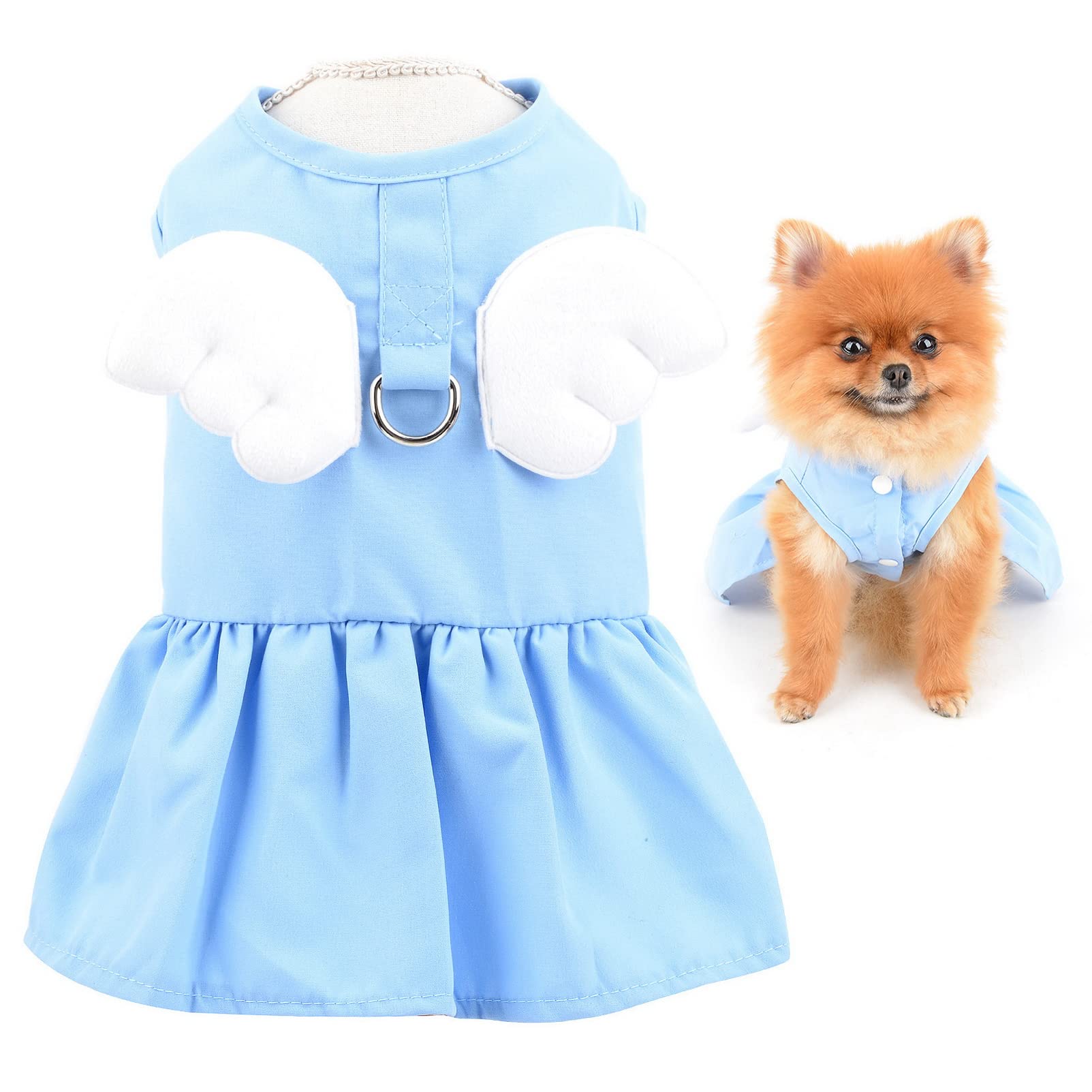 SMALLLEE_LUCKY_STORE Angel Wing Girls Dog Harness Dress and Leash Set Cat Sundress with D-ring Puppy Skirt Spring Summer Clothes for Small Pets Yorkie Chihuahua, Blue,XL