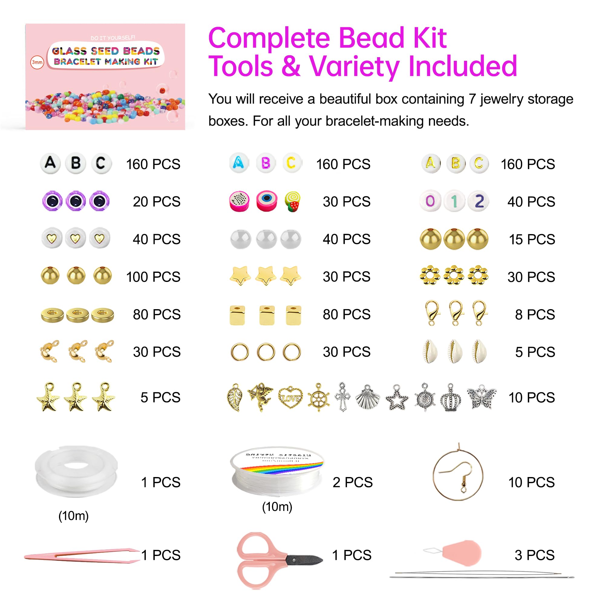 Redtwo 3mm 45000pcs Glass Seed Beads Kit, 7 Boxes 144 Colors Small Beads for Bracelets, Friendship Bracelet Kit with Charms and Letters