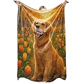 zbezbe Cute Golden Retriever Flannel Blanket, Dog with Butterfly Tulip Floral Throw Blankets Lightweight Soft Cozy for Bed Sofa Camping Travel, Home Decor, Gifts for Women Girls Puppy Lovers, 50x60in