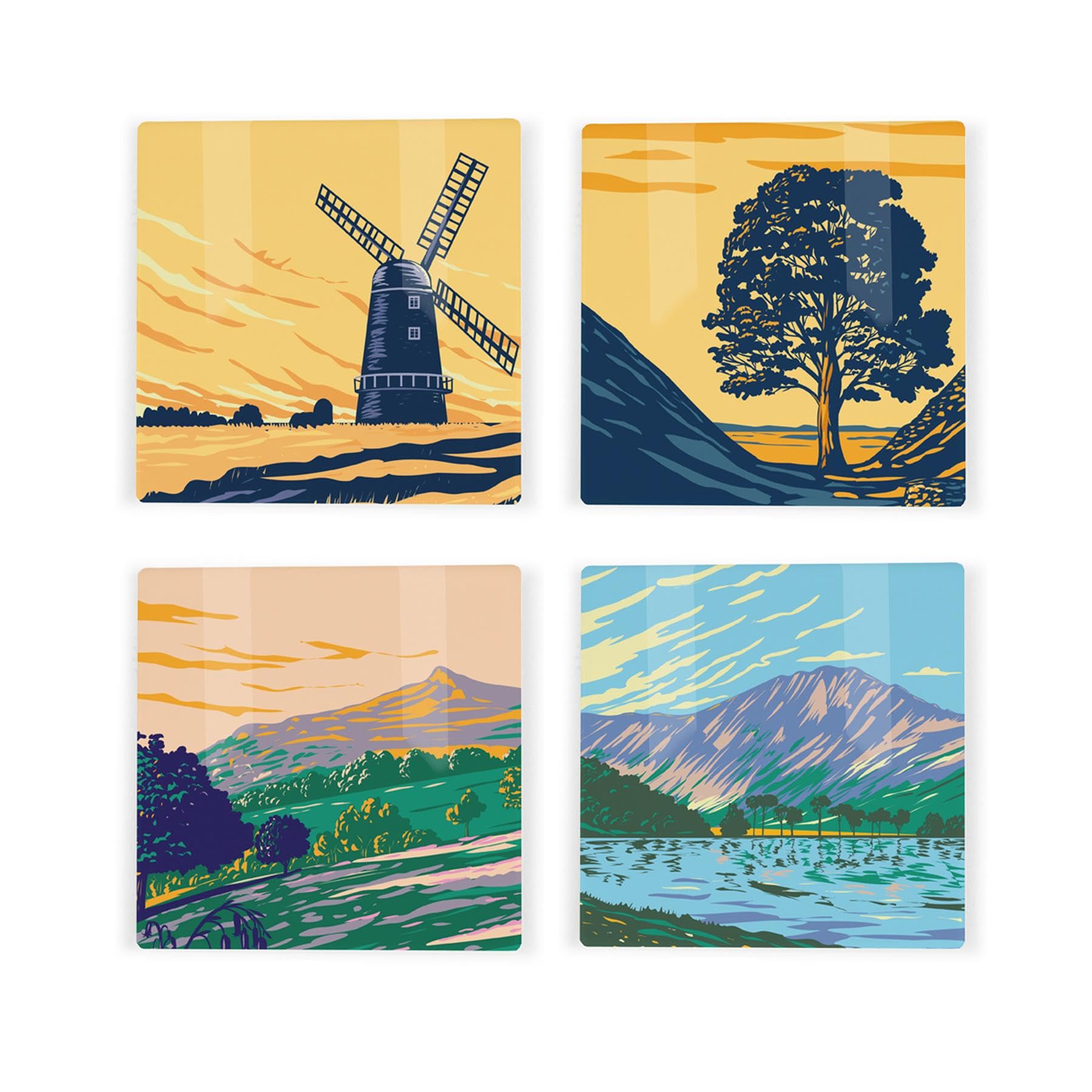 British National Parks Ceramic Coaster Set - UK Landmarks/Landscapes Square Set of Four (4) Coasters Gift