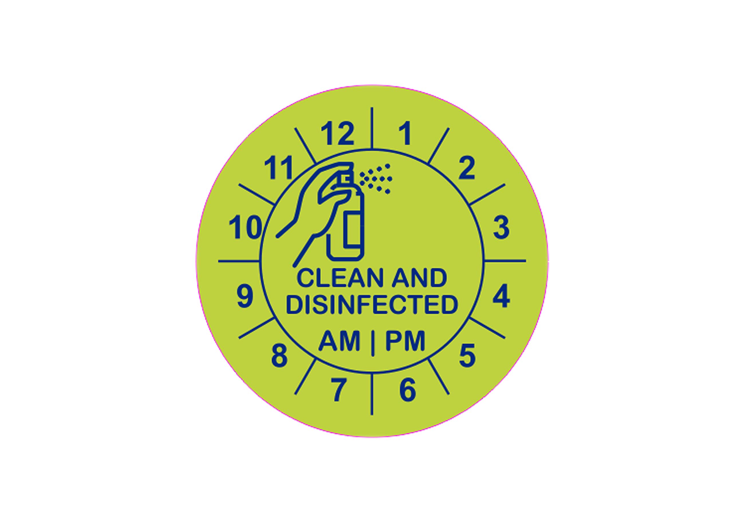 LabelFresh Clean & Disinfected Clock Labels 500 Per Roll Sanitation Hygiene Procedure Stickers Dissolvable 30x30mm