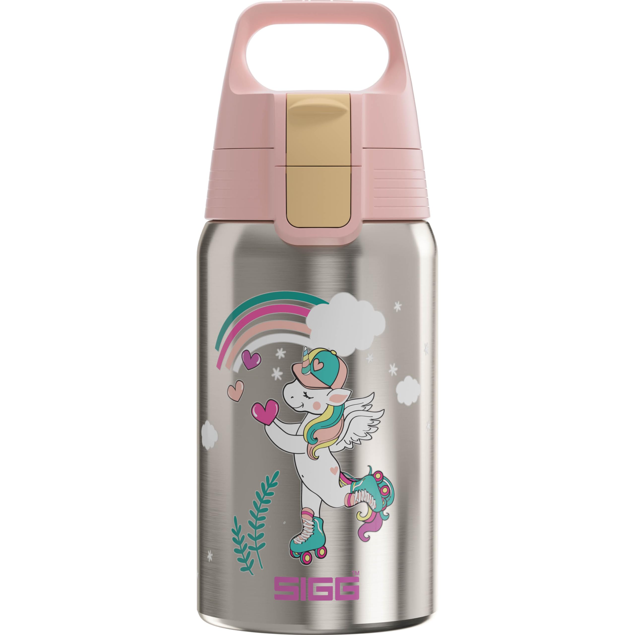 Sigg - Stainless Steel Kids Water Bottle - Shield One Uni Skate - Suitable For Carbonated Beverages - Leakproof - Lightweight - BPA Free - Brushed with Unicorn - 0.5L
