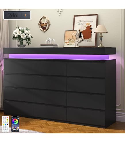black and purple dresser yesasin 9 Drawer Dresser with LED Lights Charging Station, 63