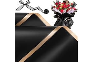 ZORRITA 20 Sheets Flower Wrapping Paper, Waterproof Bouquet Wrapping Paper with Ribbons Floral Paper Florist Supplies, 22.8 x 22.8 inch (Black)
