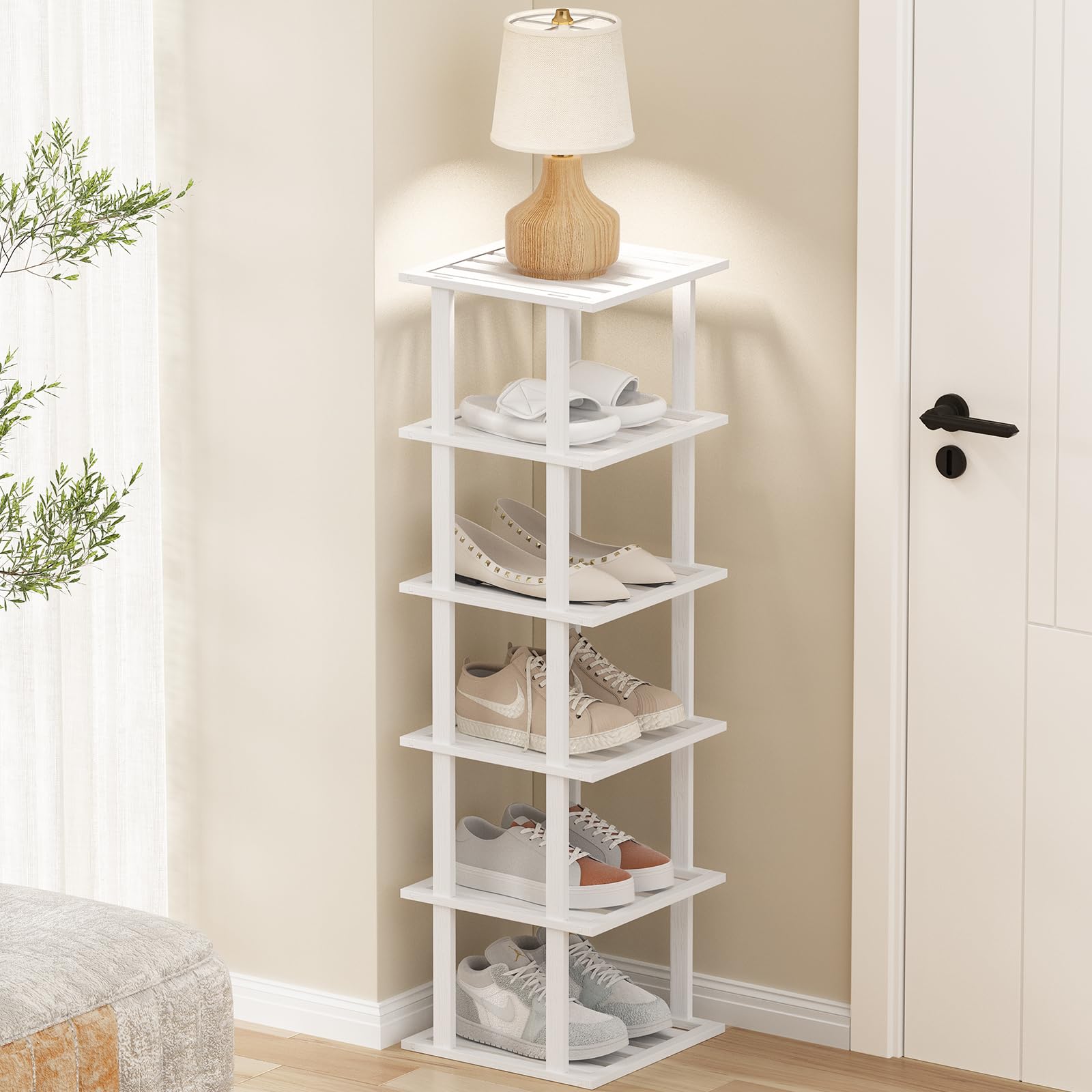 White Bamboo Shoe Rack for Small Spaces 6 Tier Tall Vertical Narrow ...