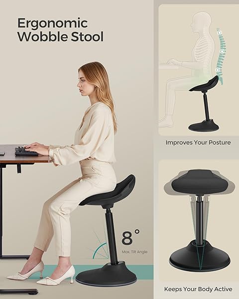 SONGMICS ERGONOMIC WOBBLE STOOL, HEIGHT ADJUSTABLE STANDING DESK STOOL 23.6-33.3 INCHES, SWIVEL BALANCE CHAIR WITH NON-SLIP BASE, STANDING CHAIR, FOR ACTIVE SITTING, OFFICE, HOME, INK BLACK UOSC02BK