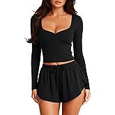 OZICERD Women Pajama Set Long Sleeve Basic Tops Soft Cute Fall Cotton Pajamas Shorts Lounge Sets 2 Piece Pj Set Sleepwear