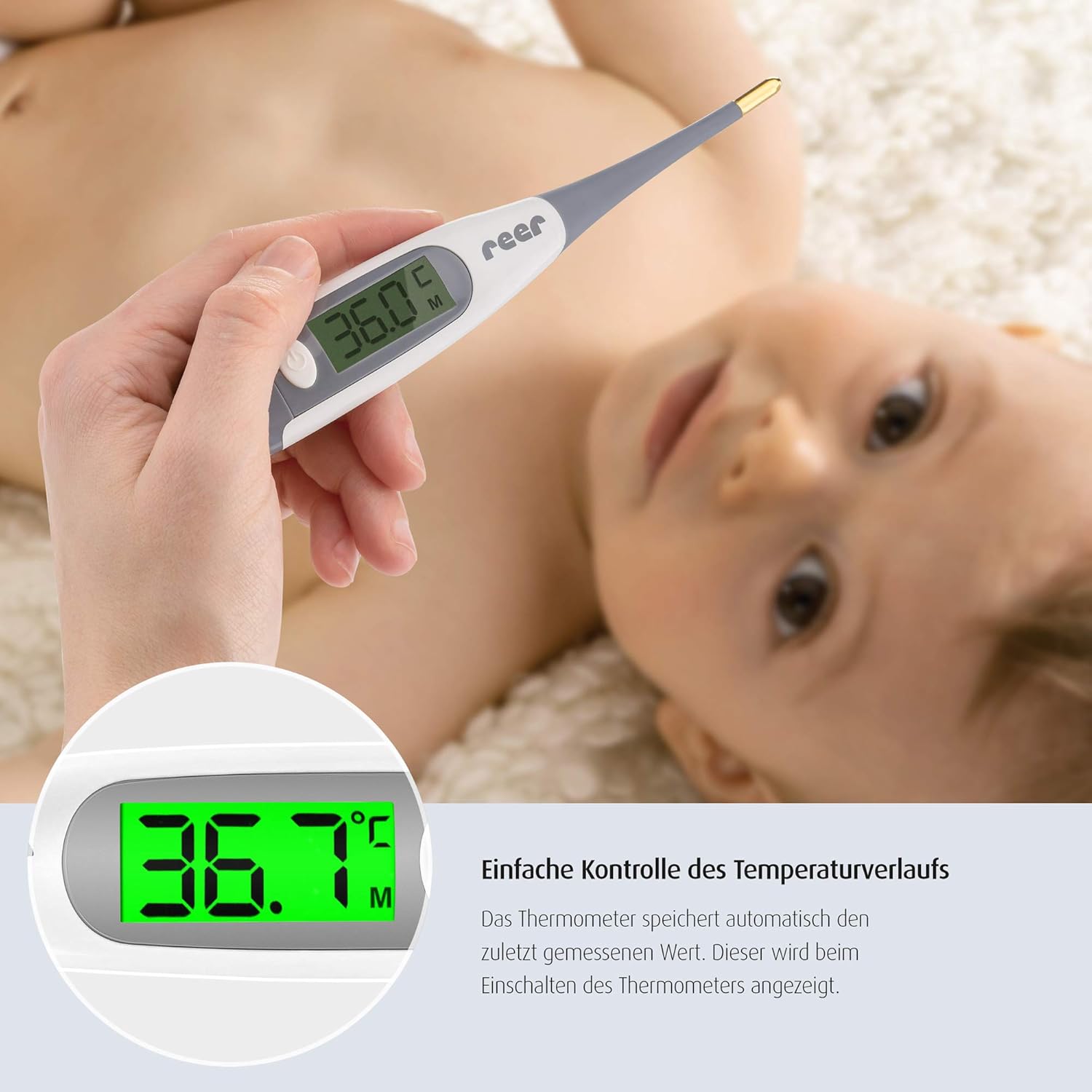 reer ExpressTemp Pro Digital Fever Thermometer 10 Seconds Measuring Time Gold Plated Flexible Tip Illuminated Display for Baby and Toddler 98122 - Image 5