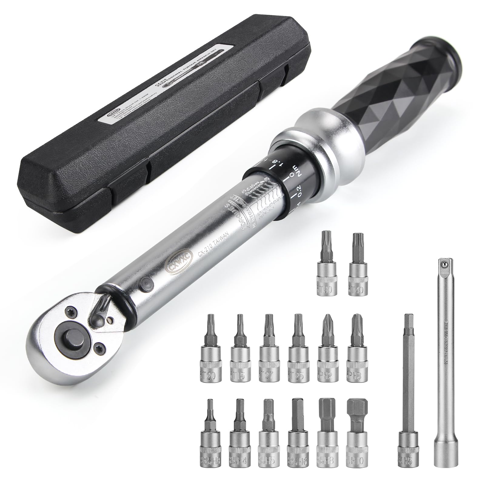 Photo 1 of Bike Torque Wrench Set 1/4" Drive Click 1-25 Nm - Bicycle Maintenance Tool Kit for Road/Mountain Bikes - Includes Allen, Torx, Philip, Extended H5 Socket Bit Repair Set, Extension Bar & Storage Box