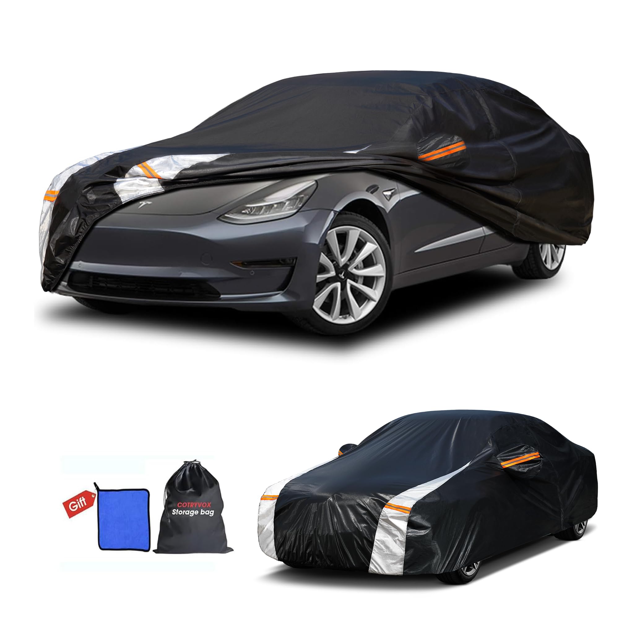 Photo 1 of 12-Layer Custom Fit Car Cover for Tesla Model 3 (2017-2026), Upgraded Waterproof All-Weather Full Exterior Cover with Door Zipper, for Snow Rain Dust and Sun UV Protection-Black.