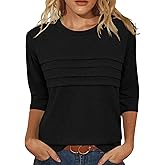 JomeDesign 3/4 Length Sleeve Womens Tops Round Neck Casual Tunic Tops Pleated Shirts Dressy