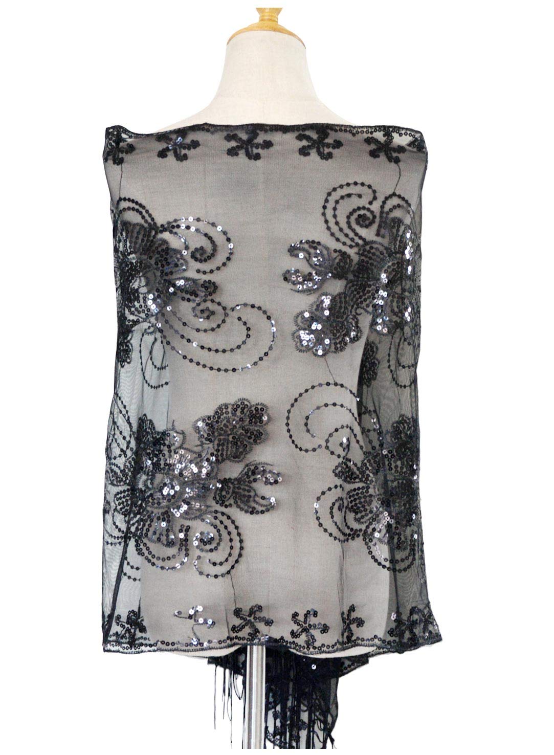 Zakia Women's sequined shirt mesh scarf 1920s Cape fringed evening dress shiny shawl shrug wedding party Zakia Women's sequined shirt mesh scarf 1920s Cape fringed evening dress shiny shawl shrug wedding party