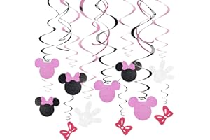Kristin Paradise 30Ct Minnie Hanging Swirl Decorations - Ceiling Streamers for Mouse Birthday Party – Mini Mouse Theme Party Supplies – Party Favors for Kids - Glitter Pink, Black Decor